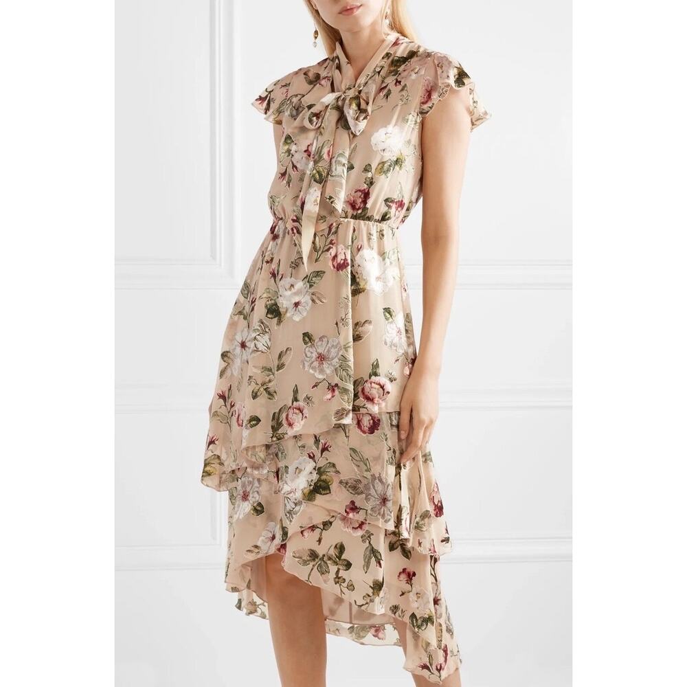 Alice + Olivia Lavenia Floral Tiered Ruffle Midi Dress Pink Beige 6